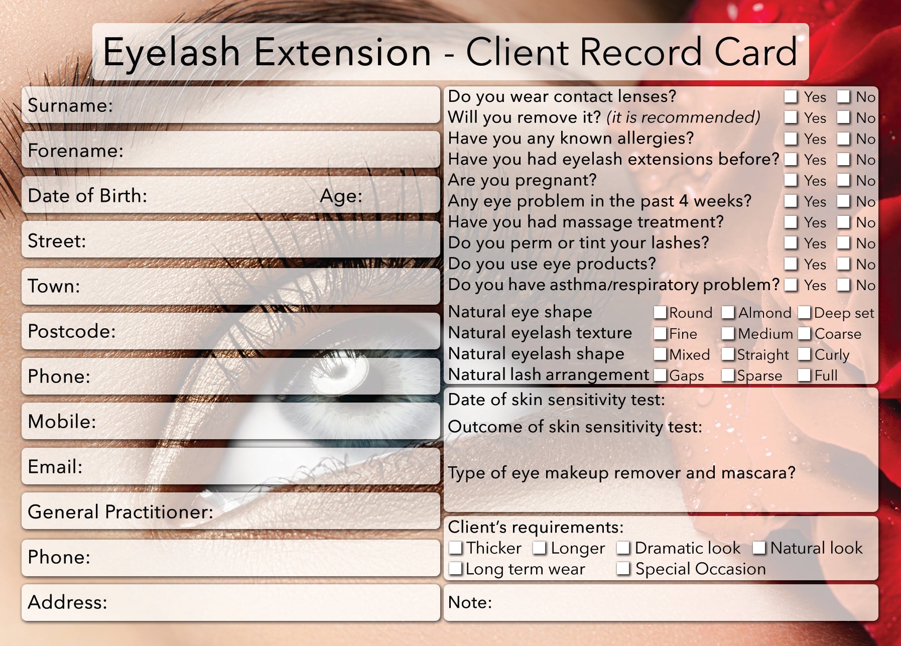 NEW Eyelash Extension Client Card / Treatment Consultation Card / Photo Background