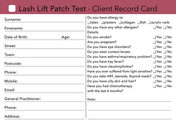 Lash Lift Patch Test Client Card / Treatment Consultation Card