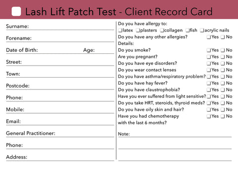 Lash Lift Patch Test Client Card / Treatment Consultation Card