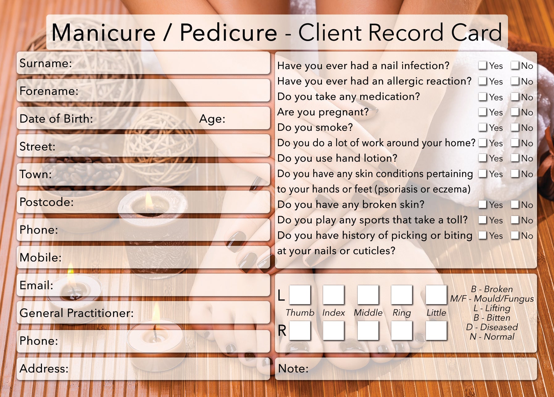 NEW Manicure Pedicure Client Card / Treatment Consultation Card / Photo Background
