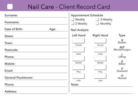Nail Care Client Card / Treatment Consultation Card