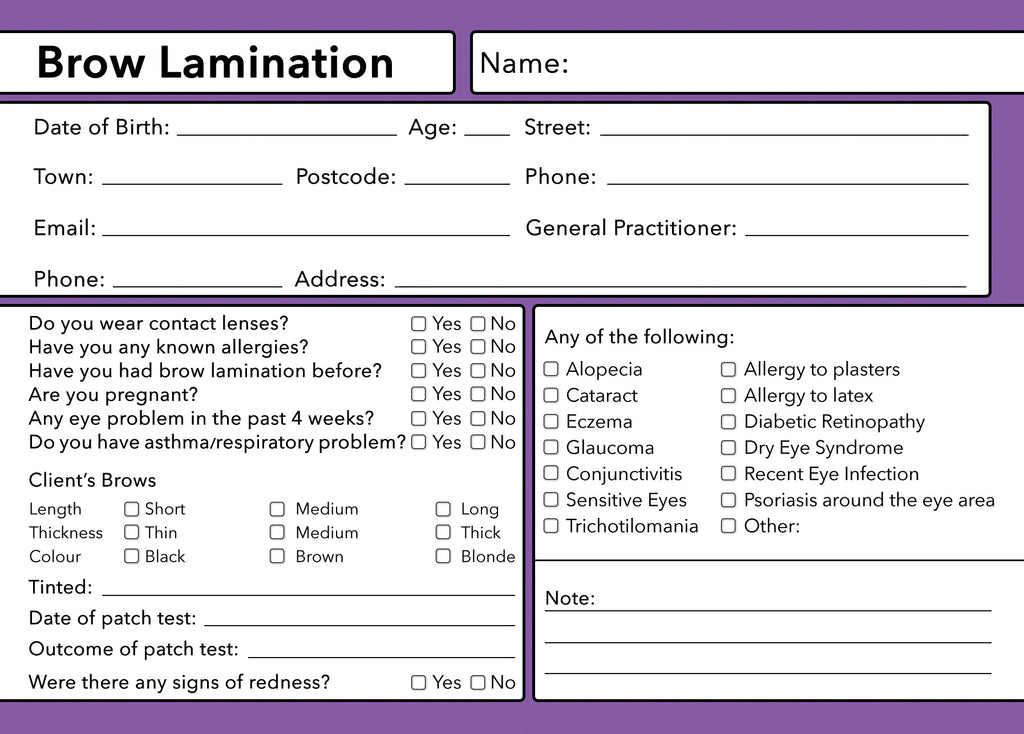 Brow Lamination Client Card Premium Paper - GDPR Compliant