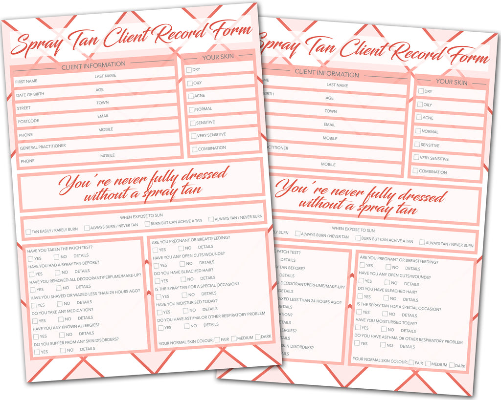 Spray Tan Client Card / A5 Large Consultation Card Form / GDPR Compliant