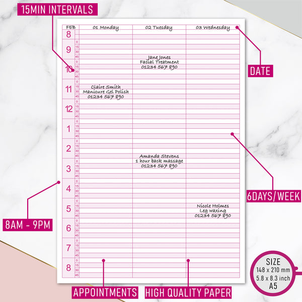 A5 Undated Appointment Book for Beauty Salons Therapists 3 Columns Beauty Hairdressing