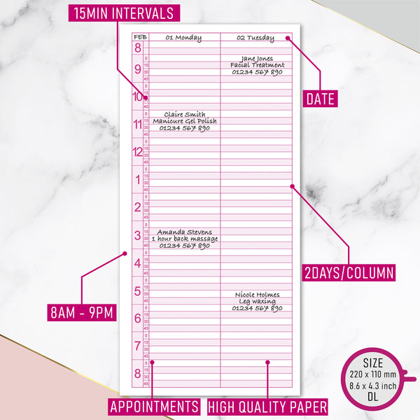 DL Undated Appointment Book for Beauty Salons Therapists 3 Columns Beauty Nail Massage