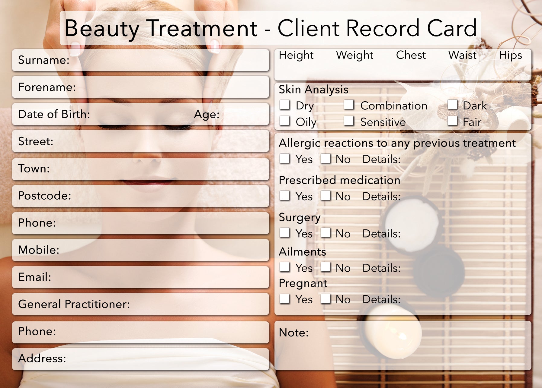 NEW Beauty Client Card / Treatment Consultation Card / Photo Backgroun ...