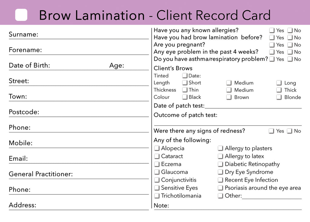 Brow Lamination Client Card / Treatment Consultation Card