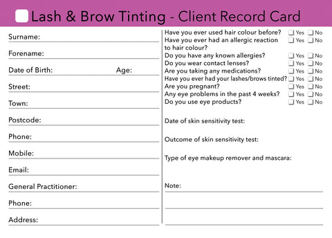 Lash & Brow Tinting Client Card / Treatment Consultation Card