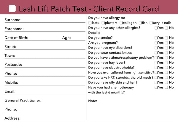 Lash Lift Patch Test Client Card / Treatment Consultation Card