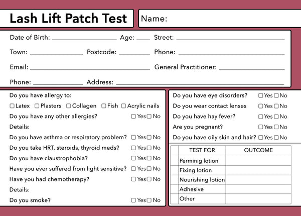 Lash Lift Patch Test Client Card Premium Paper - GDPR Compliant