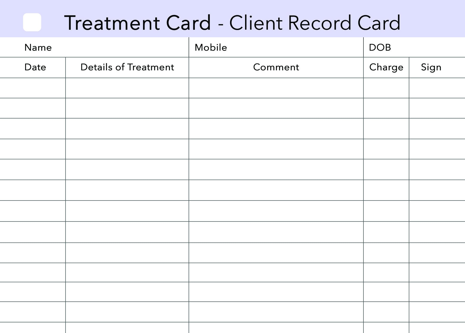 Treatment Additional Client Card – Beauty Stationery
