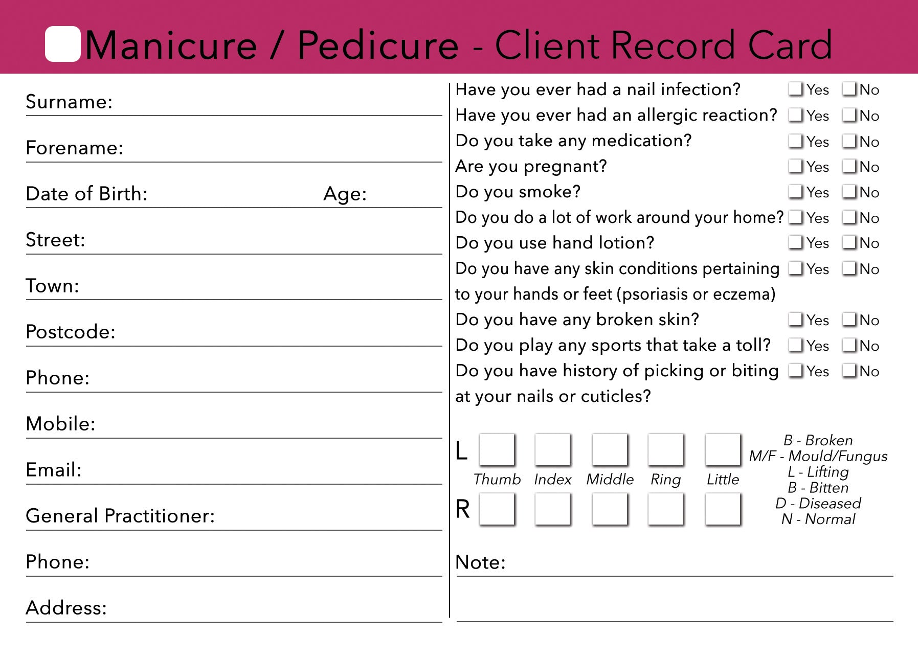 Nail Manicure Pedicure Client Card / Treatment Consultation Card