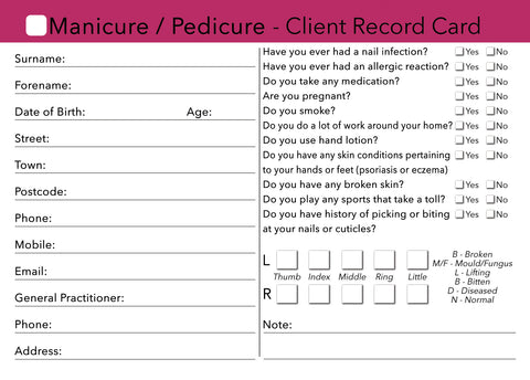 Nail Manicure Pedicure Client Card / Treatment Consultation Card