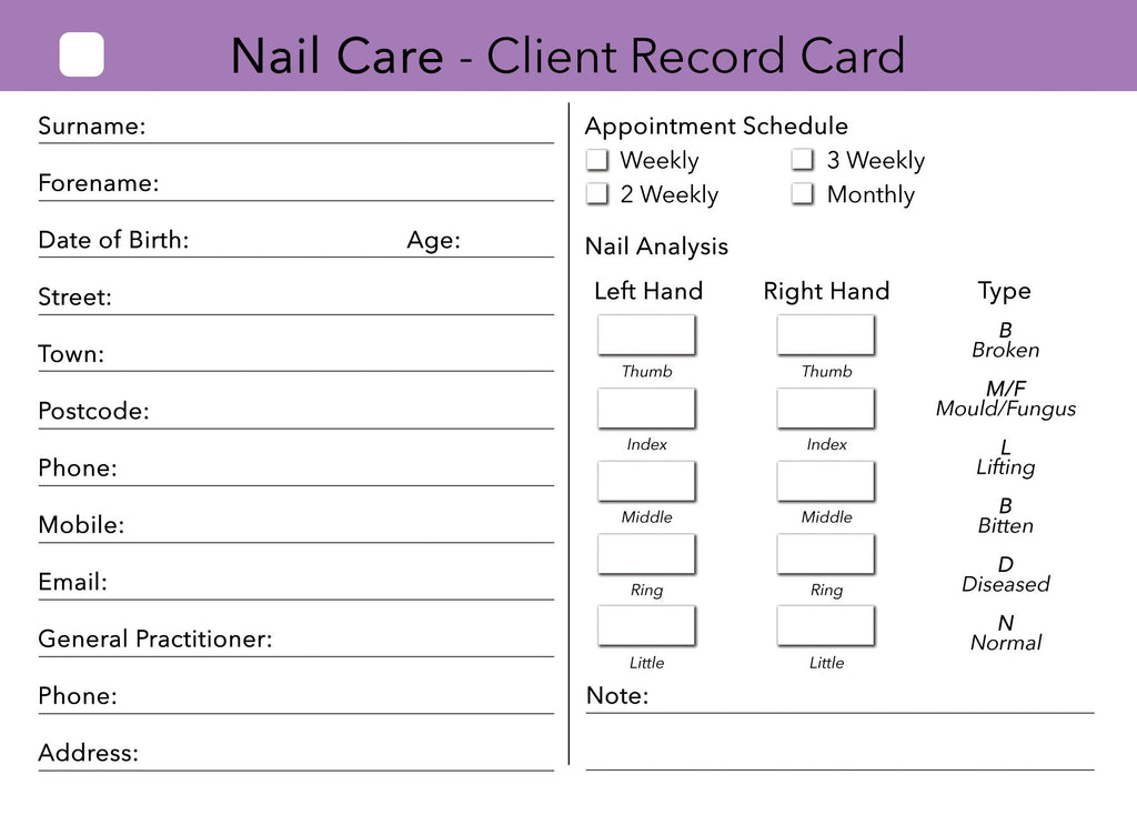 Nail Care Client Card / Treatment Consultation Card