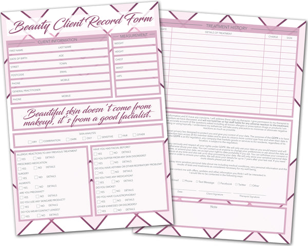 Beauty Client Card / A5 Large Consultation Card Form / GDPR Compliant