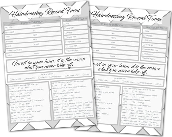 Hairdressing Client Card / A5 Large Consultation Card Form