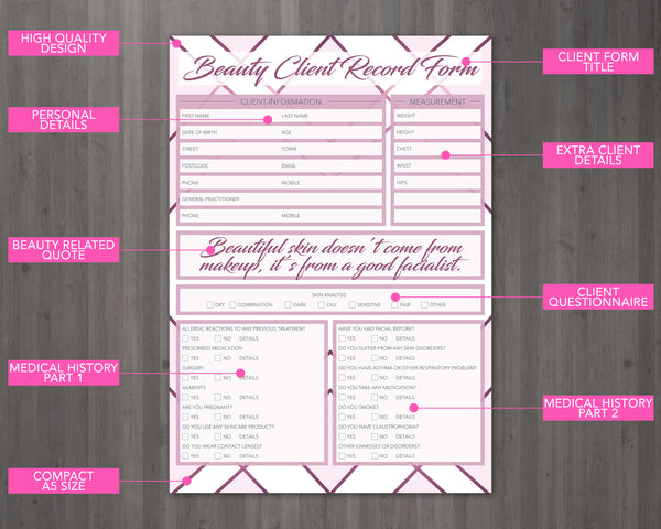 Beauty Client Card / A5 Large Consultation Card Form / GDPR Compliant