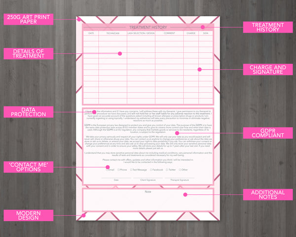 Eyelash Extension Client Card / A5 Large Consultation Card Form / GDPR Compliant