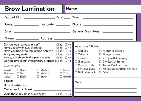 Brow Lamination Client Card Premium Paper - GDPR Compliant