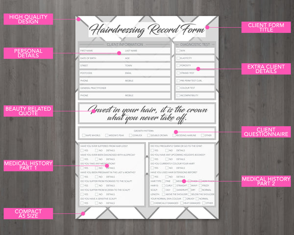 Hairdressing Client Card / A5 Large Consultation Card Form
