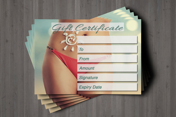 Gift Voucher Card for Solariums / Beauty Salons, Spray Tan, Sunbed, Waxing